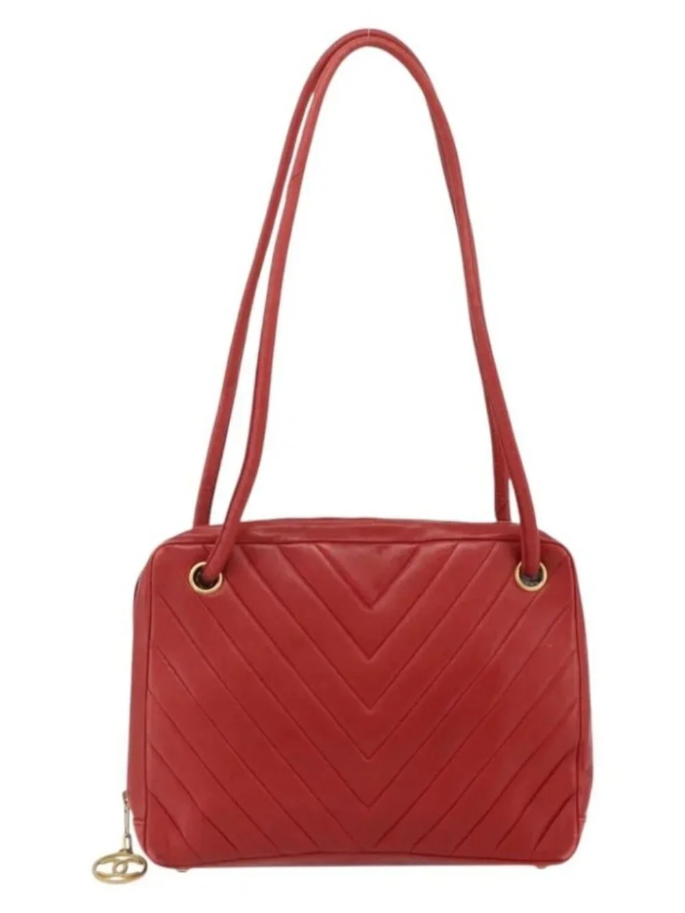 CHANEL V Stitch Shoulder Bag Lamb Skin Gold Red CC Auth mr2345